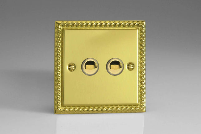 Varilight Classic Georgian Brass Effect, 2-Gang (Double) 1 or 2 way 6 Amp Push-on Push-off Switch (impulse) with Polished Brass Effect Switch Button