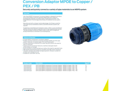 John Guest MDPE Compression Conversion Adaptor - MPDE to Copper (Pushfit) - 20mm x 15mm