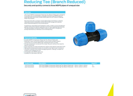 John Guest MDPE Compression Reducing Tee (Branch Reduced) - 32mm x 32mm x 25mm