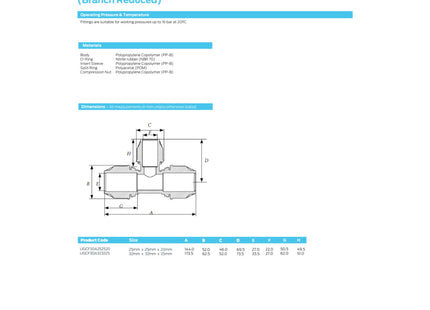 John Guest MDPE Compression Reducing Tee (Branch Reduced) - 32mm x 32mm x 25mm