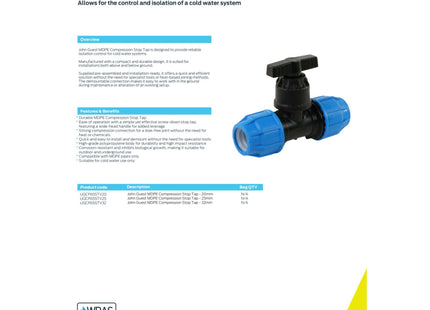 John Guest MDPE Compression Stop Tap - 20mm