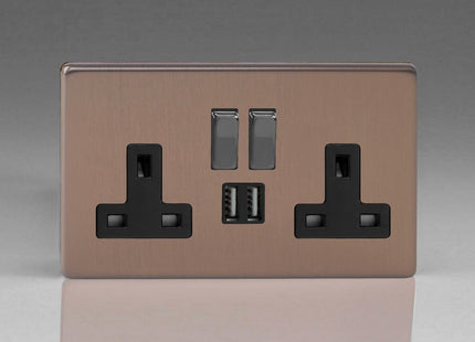 Varilight Flat Plate Screwless Brushed Bronze 2-Gang 13 Amp Single Pole Switched Socket with Metal Rockers + 2 x 5V DC 2100mA USB Charging Ports