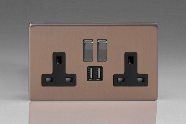 Varilight Flat Plate Screwless Brushed Bronze 2-Gang 13 Amp Single Pole Switched Socket with Metal Rockers + 2 x 5V DC 2100mA USB Charging Ports