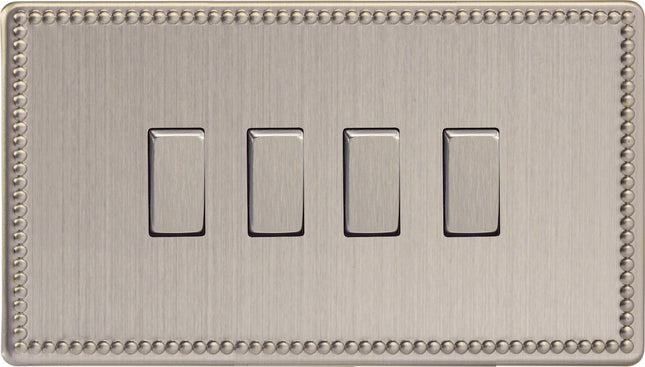 Varilight 4 Gang (Quad), 1or 2 Way 10 Amp Switch, Dimension Screwless Jubilee Brushed Steel (Double Plate) XDY9S.JS