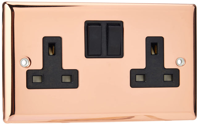 Varilight XY5B.CU 2-Gang Switched Socket DP 13 Amp Polished Copper (Black Inserts)