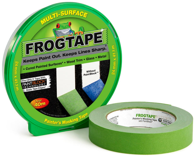 FrogTape Multi-Surface Masking Tape 24mm x 41.1m | PaintBlock Technology | Sharp Paint Lines for Walls, Wood, Glass & Metal