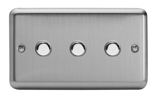 Varilight 3-Gang 6A 1- or 2-Way Push-On/Off Impulse Switch (Twin Plate) Matt Chrome XSP3