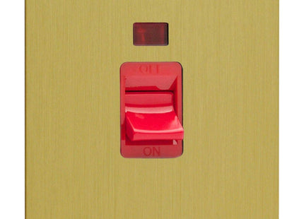 Varilight 45A Cooker Switch + Neon (Vertical Twin Plate, Red Rocker) Brushed Brass XFB45N