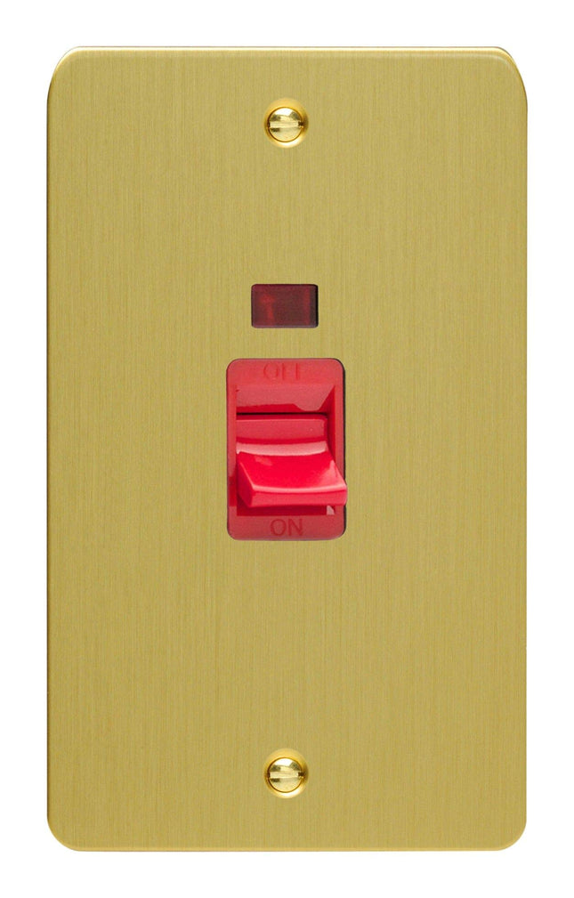 Varilight 45A Cooker Switch + Neon (Vertical Twin Plate, Red Rocker) Brushed Brass XFB45N