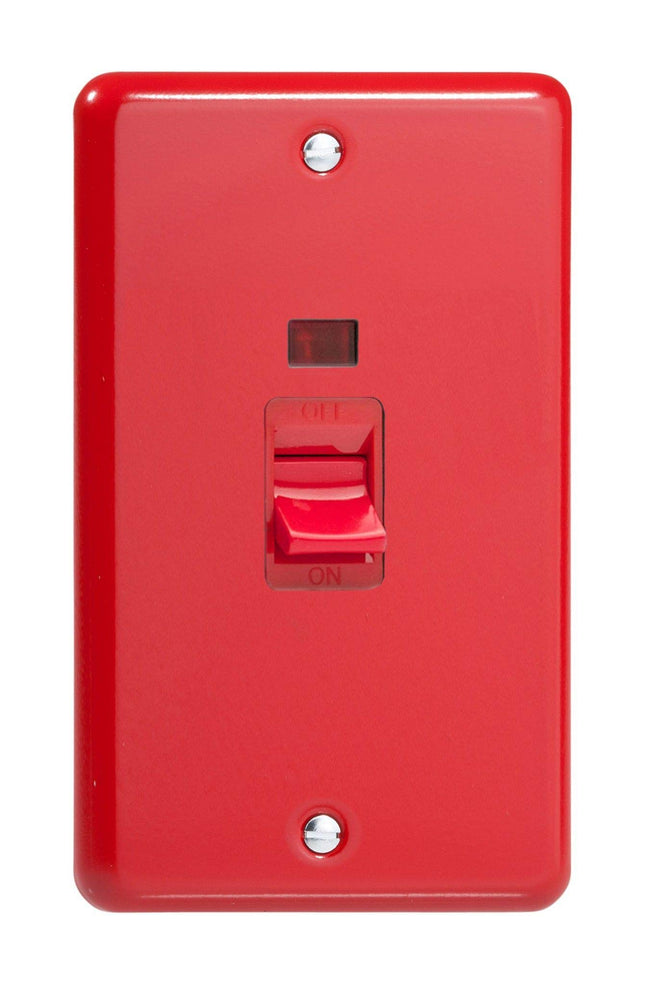 Varilight 45A Cooker Switch + Neon (Vertical Twin Plate, Red Rocker) Pillar Box Red XY45N.PR