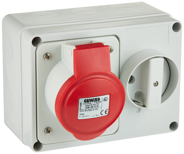 Gewiss GW66019 Horizontal Interlocked Socket Outlet, IP44, 6 Reference, 3P+E Pole, 380V-415V, 32 A, 50 Hz/60 Hz, Red