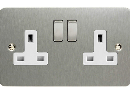 Varilight Ultra Flat Plate Brushed Chrome Metal & White Inserts 2-Gang 13Amp Plug Socket XFS5DW