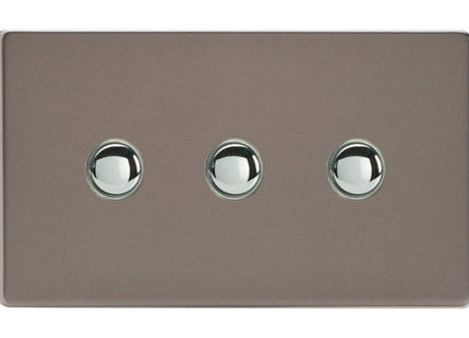 Varilight 3-Gang 6A 1- or 2-Way Push-On/Off Impulse Switch (Twin Plate) Pewter XDRP3S