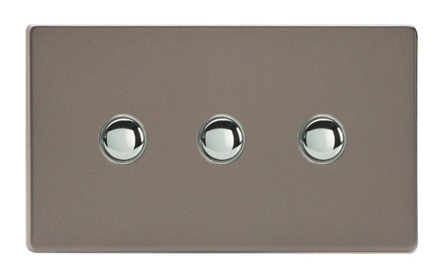 Varilight 3-Gang 6A 1- or 2-Way Push-On/Off Impulse Switch (Twin Plate) Pewter XDRP3S