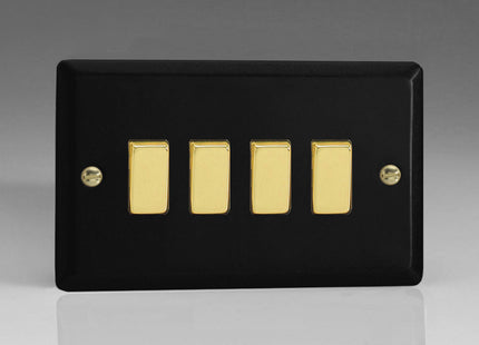 Varilight Vogue Collection Matt Black 4 Gang 1 or 2-Way 10 Amp Switch with Brass Rockers