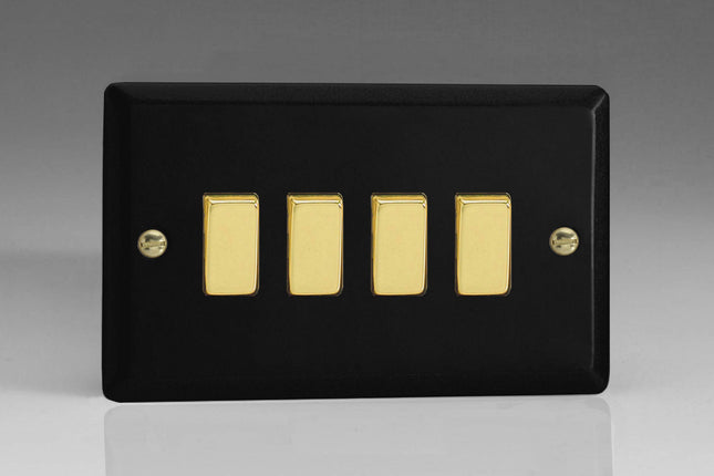 Varilight Vogue Collection Matt Black 4 Gang 1 or 2-Way 10 Amp Switch with Brass Rockers