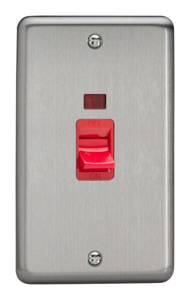 Varilight 45A Cooker Switch + Neon (Vertical Twin Plate, Red Rocker) Matt Chrome XS45N