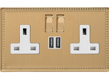 Varilight 2-Gang 13A Double Pole Switched Plug Socket with Metal Rockers + 2 5V DC 2100mA USB Charging Ports Brushed Brass XDY5U2SWS.JB