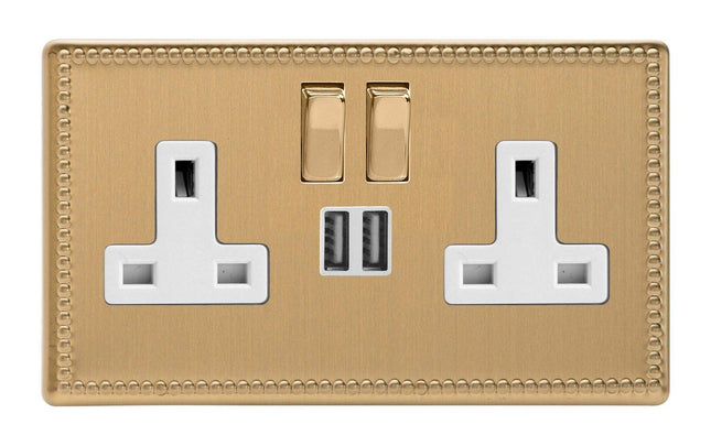 Varilight 2-Gang 13A Double Pole Switched Plug Socket with Metal Rockers + 2 5V DC 2100mA USB Charging Ports Brushed Brass XDY5U2SWS.JB