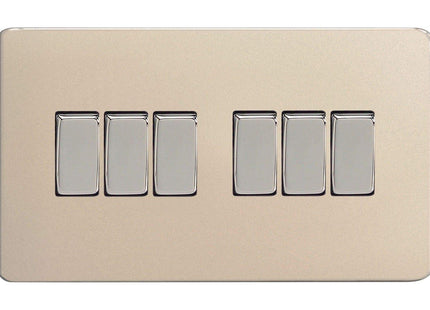 Varilight 6-Gang 10A 1- or 2-Way Rocker Light Switch (Twin Plate) Satin Chrome XDN96S
