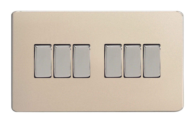 Varilight 6-Gang 10A 1- or 2-Way Rocker Light Switch (Twin Plate) Satin Chrome XDN96S