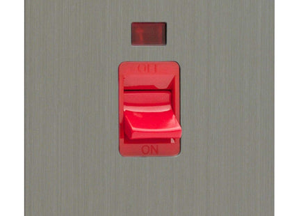 Varilight XFS45NB 45A Cooker Switch In Brushed Steel With Neon On A Twin Verticle Plate With Black Insert