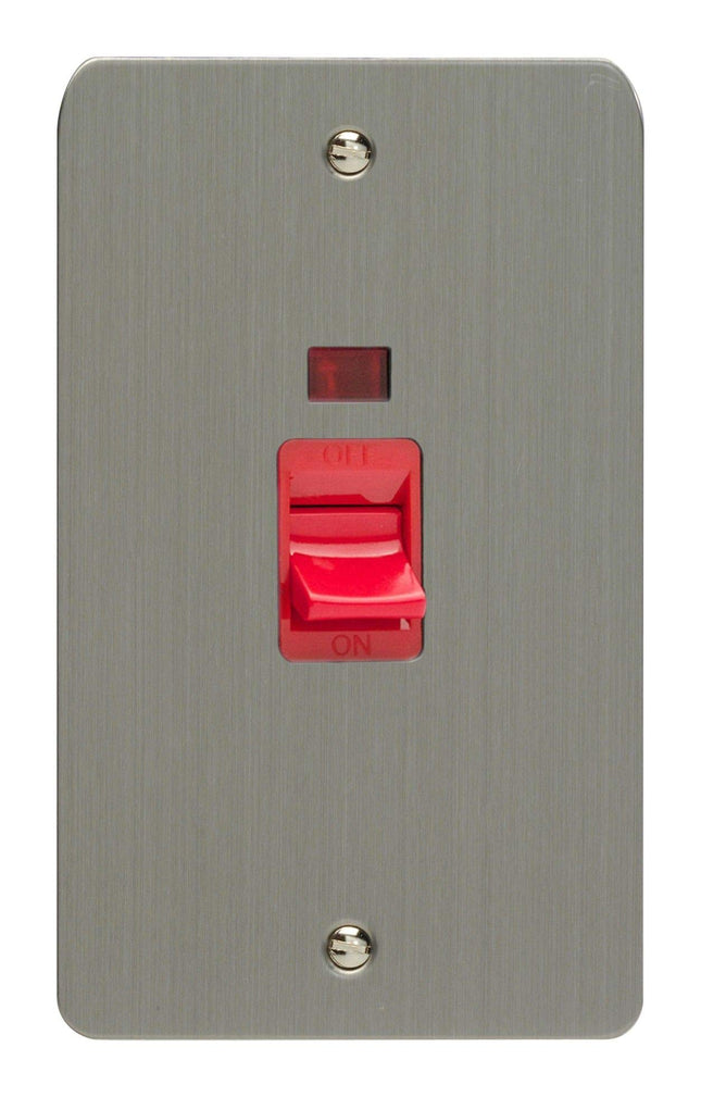 Varilight XFS45NB 45A Cooker Switch In Brushed Steel With Neon On A Twin Verticle Plate With Black Insert