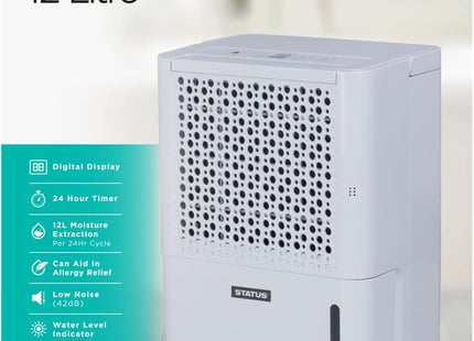 STATUS 12L Ultra-Quiet Dehumidifier, 220W Portable Moisture Remover with Night Mode, Laundry Dry Boost and LED Humidity Display for Bedroom Bathroom Laundry, White (DEHUMID-12L1PKB)