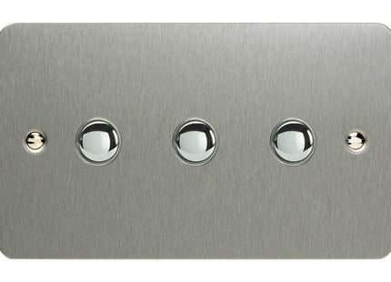 Varilight 3-Gang 6A 1- or 2-Way Push-On/Off Impulse Switch (Twin Plate) Brushed Steel XFSP3