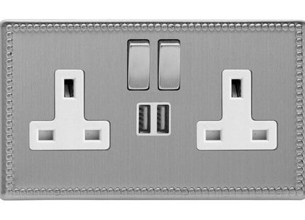 Varilight 2-Gang 13A Double Pole Switched Plug Socket with Metal Rockers + 2 5V DC 2100mA USB Charging Ports Brushed Steel XDY5U2SWS.JS