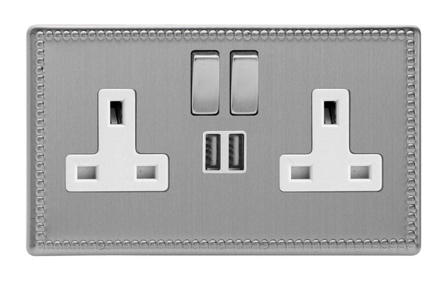 Varilight 2-Gang 13A Double Pole Switched Plug Socket with Metal Rockers + 2 5V DC 2100mA USB Charging Ports Brushed Steel XDY5U2SWS.JS