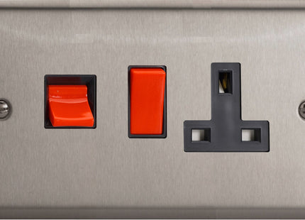 Varilight Classic Matt Chrome 45A Cooker Panel XS45PB Plug Socket 45A Cooker Panel with 13A Double Pole Switched Socket Outlet (Red Rocker)