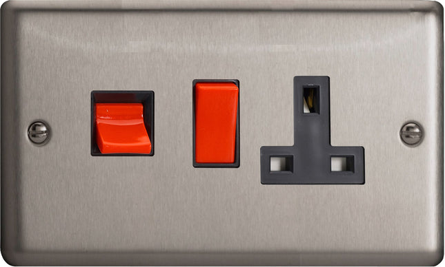 Varilight Classic Matt Chrome 45A Cooker Panel XS45PB Plug Socket 45A Cooker Panel with 13A Double Pole Switched Socket Outlet (Red Rocker)