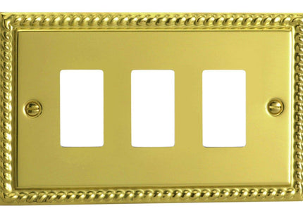 Varilight XGPGY3 Georgian Polished Brass 3 Gang PowerGrid Plate (Twin Plate)