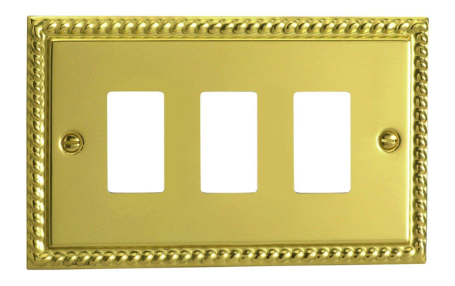 Varilight XGPGY3 Georgian Polished Brass 3 Gang PowerGrid Plate (Twin Plate)