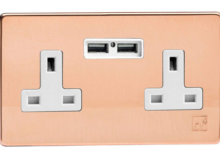 Varilight XDY5U2WS.AC Screwless Antimicrobial Copper 2-Gang 13A Unswitched Socket 2.1A USB