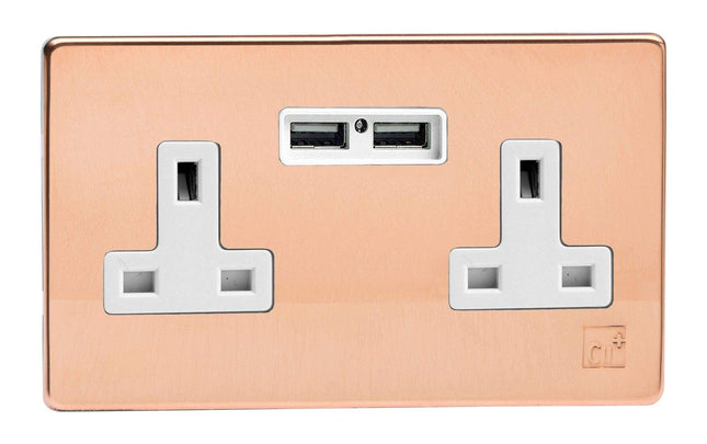 Varilight XDY5U2WS.AC Screwless Antimicrobial Copper 2-Gang 13A Unswitched Socket 2.1A USB