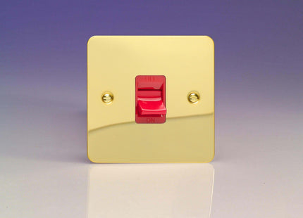 Varilight 45A Cooker Switch (Single Plate, Red Rocker) Polished Brass XFV45S