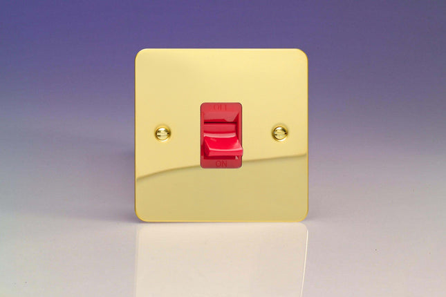 Varilight 45A Cooker Switch (Single Plate, Red Rocker) Polished Brass XFV45S