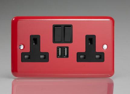 Varilight 2-Gang 13A Double Pole Switched Plug Socket + 2 5V DC 2100mA USB Charging Ports Pillar Box Red XY5U2SB.PR