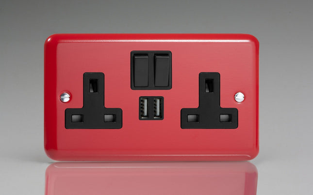 Varilight 2-Gang 13A Double Pole Switched Plug Socket + 2 5V DC 2100mA USB Charging Ports Pillar Box Red XY5U2SB.PR