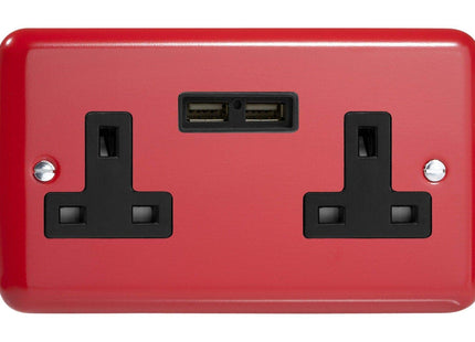 Varilight 2-Gang 13A Unswitched Plug Socket + 2 5V DC 2100mA USB Charging Ports Pillar Box Red XY5U2B.PR