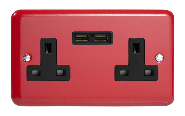 Varilight 2-Gang 13A Unswitched Plug Socket + 2 5V DC 2100mA USB Charging Ports Pillar Box Red XY5U2B.PR