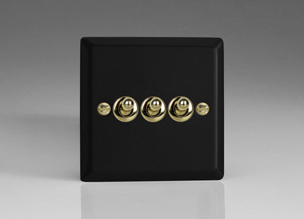 Varilight Vogue Collection Matt Black 3 Gang 1 or 2-Way 10 Amp Toggle Switch with Brass Toggle