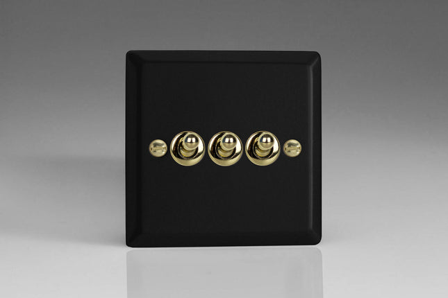 Varilight Vogue Collection Matt Black 3 Gang 1 or 2-Way 10 Amp Toggle Switch with Brass Toggle