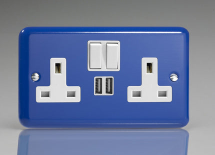 Varilight 2-Gang 13A Double Pole Switched Plug Socket + 2 5V DC 2100mA USB Charging Ports Reflex Blue XY5U2SW.RB
