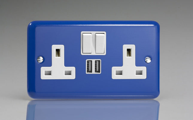 Varilight 2-Gang 13A Double Pole Switched Plug Socket + 2 5V DC 2100mA USB Charging Ports Reflex Blue XY5U2SW.RB