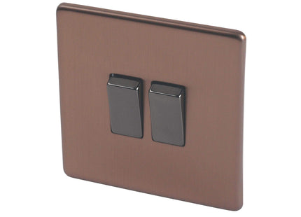 Varilight Flat Plate Screwless Brushed Bronze 2-Gang 2-Way 10 Amp Light Switch