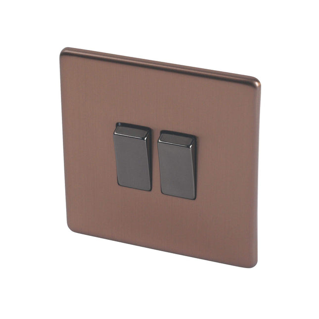 Varilight Flat Plate Screwless Brushed Bronze 2-Gang 2-Way 10 Amp Light Switch