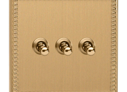 Varilight 3 Gang (Triple), 1 or 2 Way 10 Amp Classic Toggle Switch, Dimension Screwless Jubilee Brushed Brass XDYT3S.JB